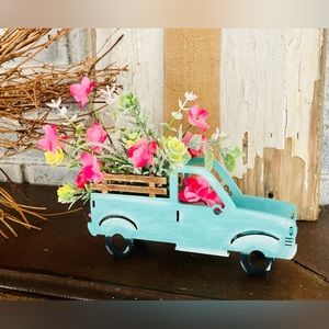 Hand crafted truck Spring flowers in blue pickup wooden farmhouse cottage unique